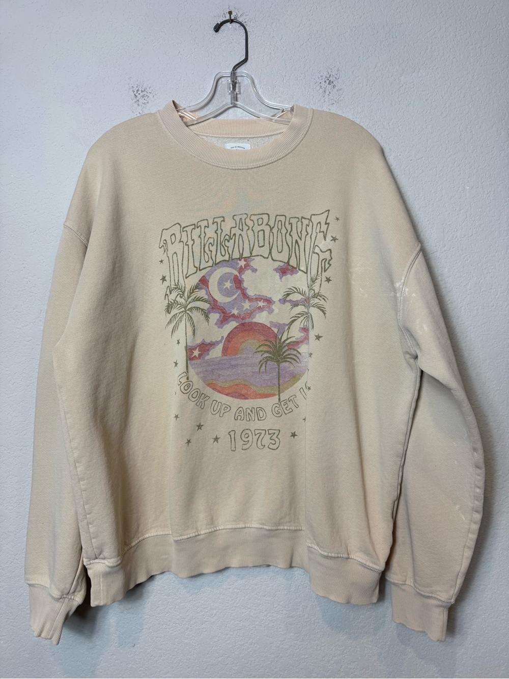 Billabong Cream Graphic Crewneck Sweatshirt with Pastel Sunset Print size M Flaw